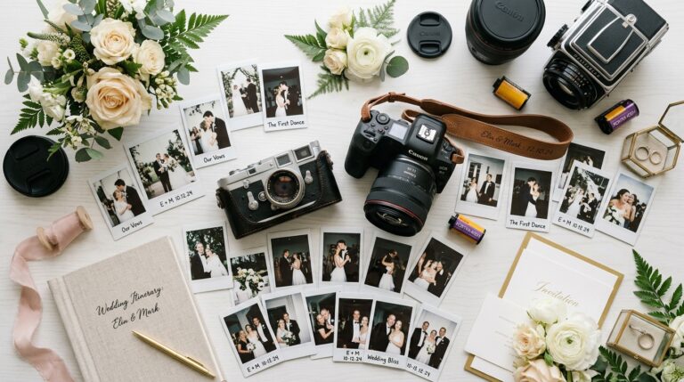 A flatlay of premium wedding photography gear and floral arrangements