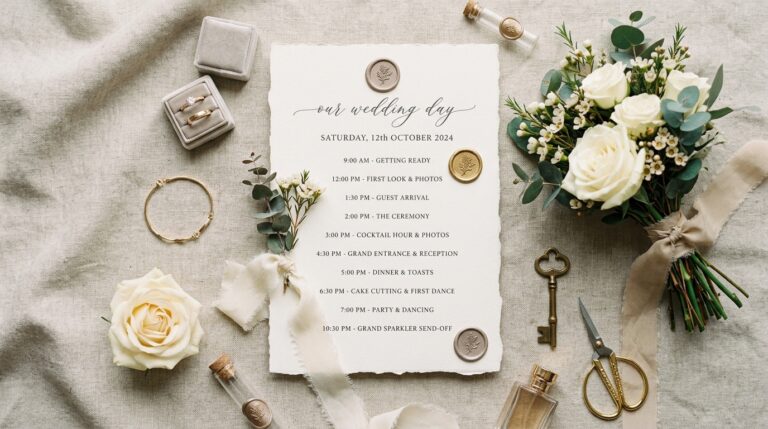 Elegant flat lay of a wedding day timeline schedule